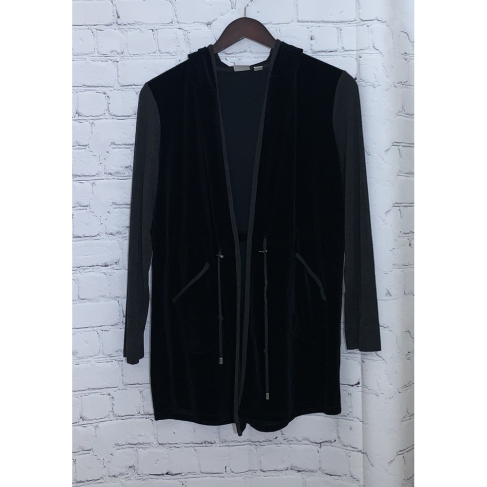 Chico's Zenergy Hoodie Womens 2 Size 12 Black Open Front Velour Anorak Jacket